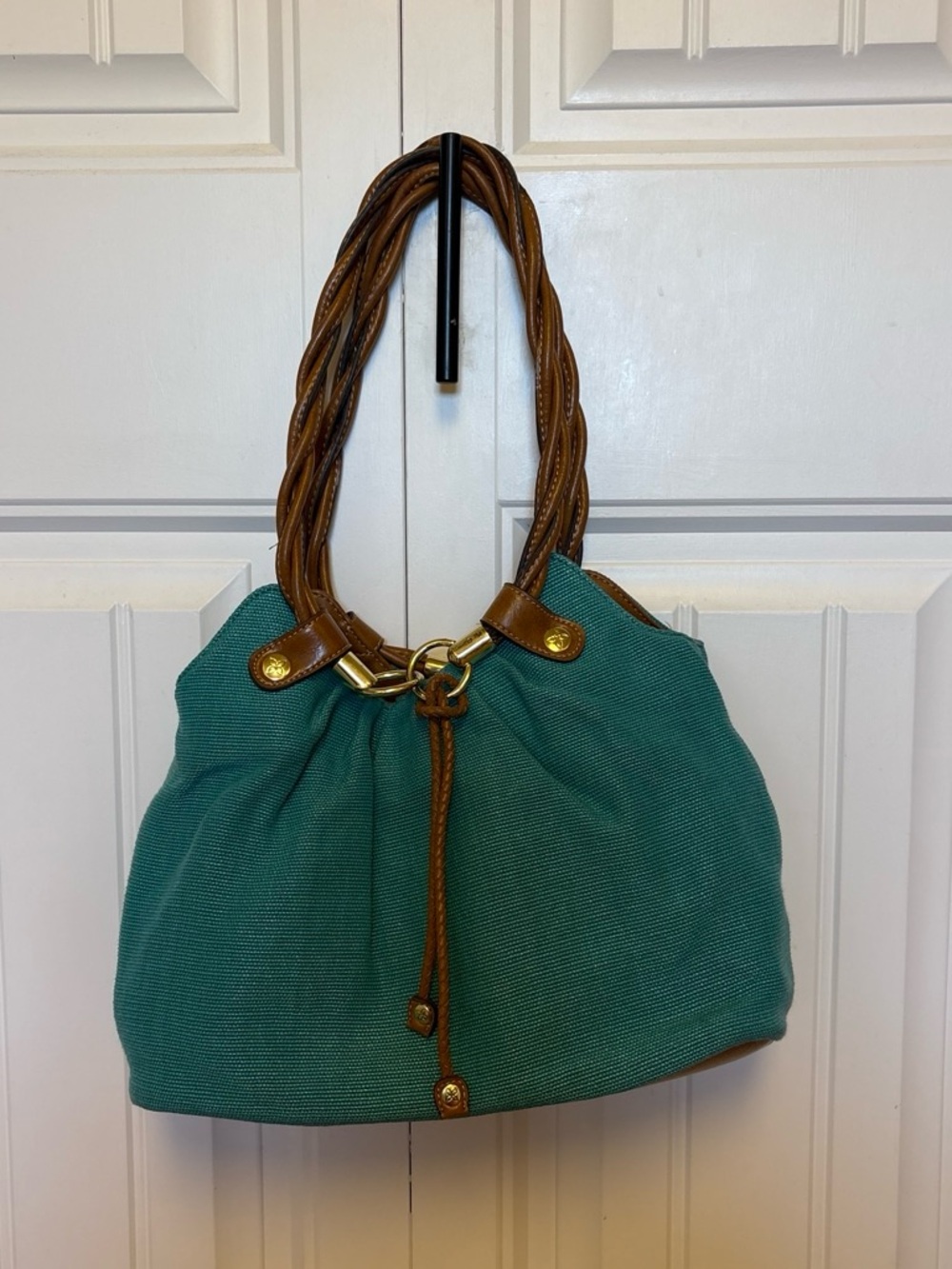 Vintage Relic Teal Shoulder Bag with Braided Brown Handles